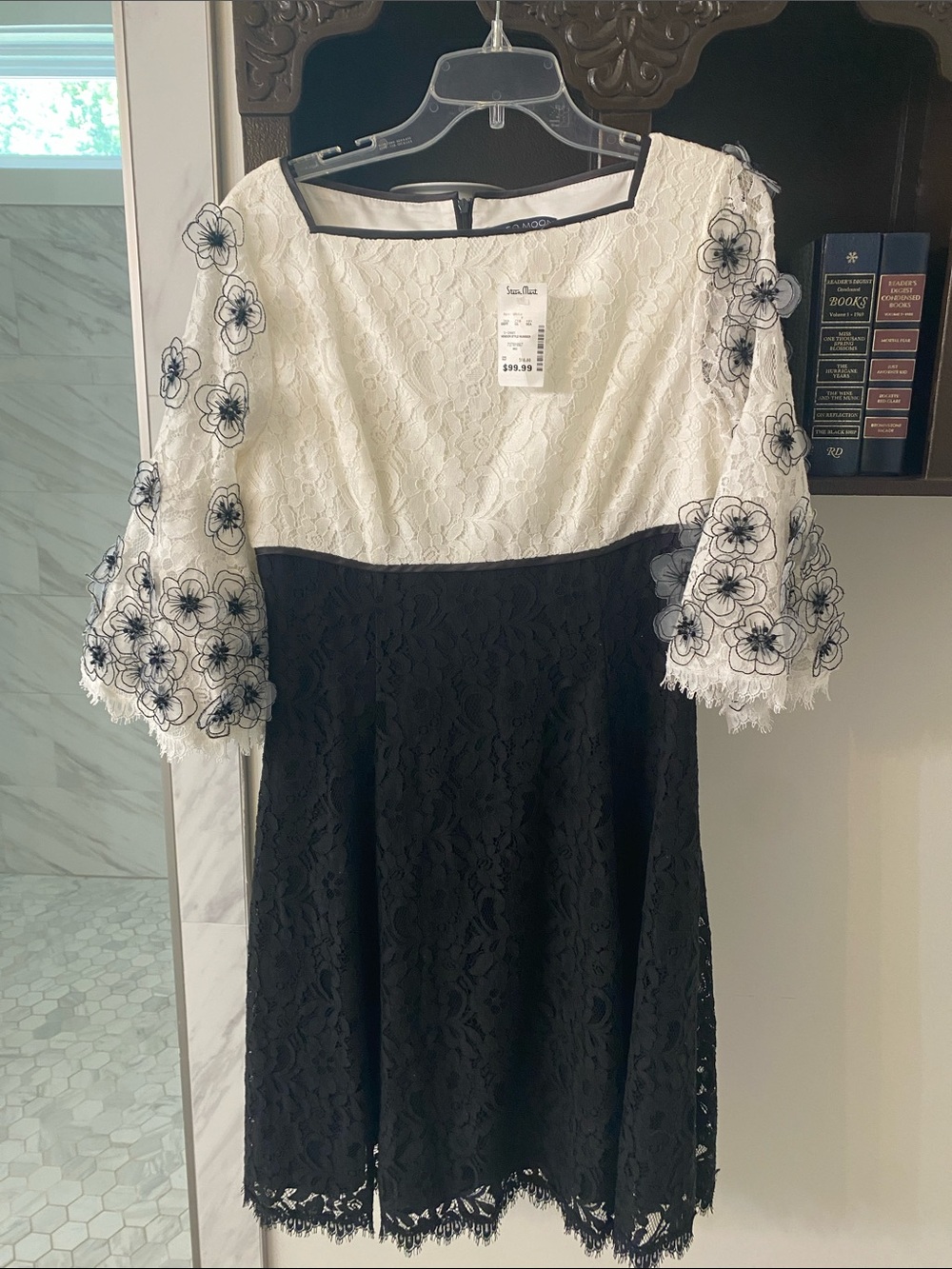 Black & White Lace Midi Dress with Floral Appliqué.